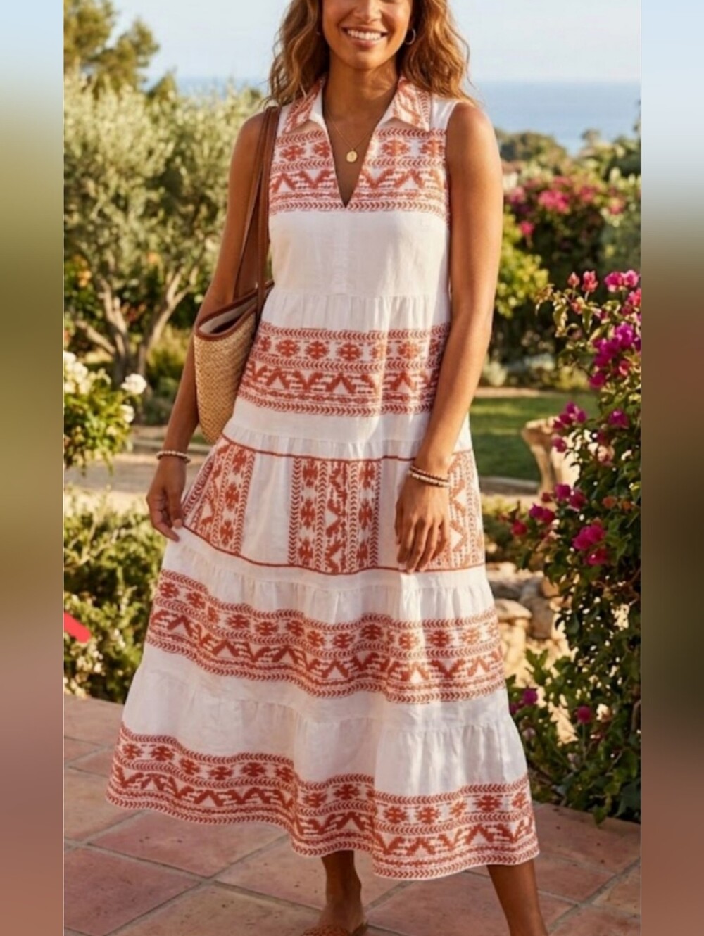 MSK Geometric Tribal Tiered Maxi Dress Sleeveless Collared V-Neck  (SKU 0090)